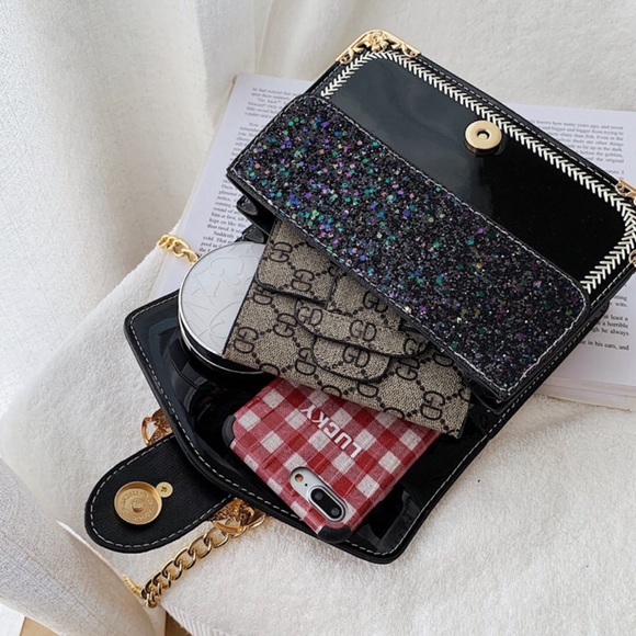 Graphite Chain Glitter Leather Shoulder Bag / Crossbody Bag (Black) - Picture 7 of 7